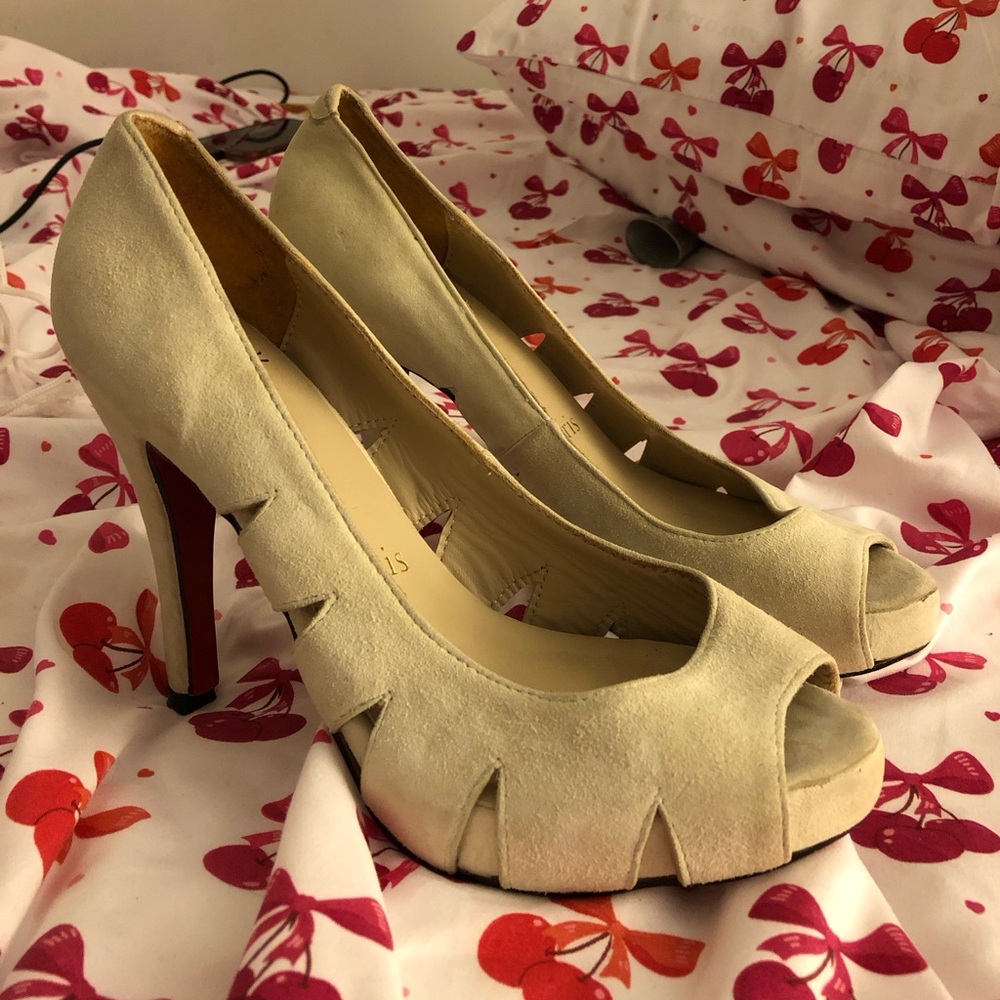 Authentic Christian Louboutin beige suede peeptoe heels